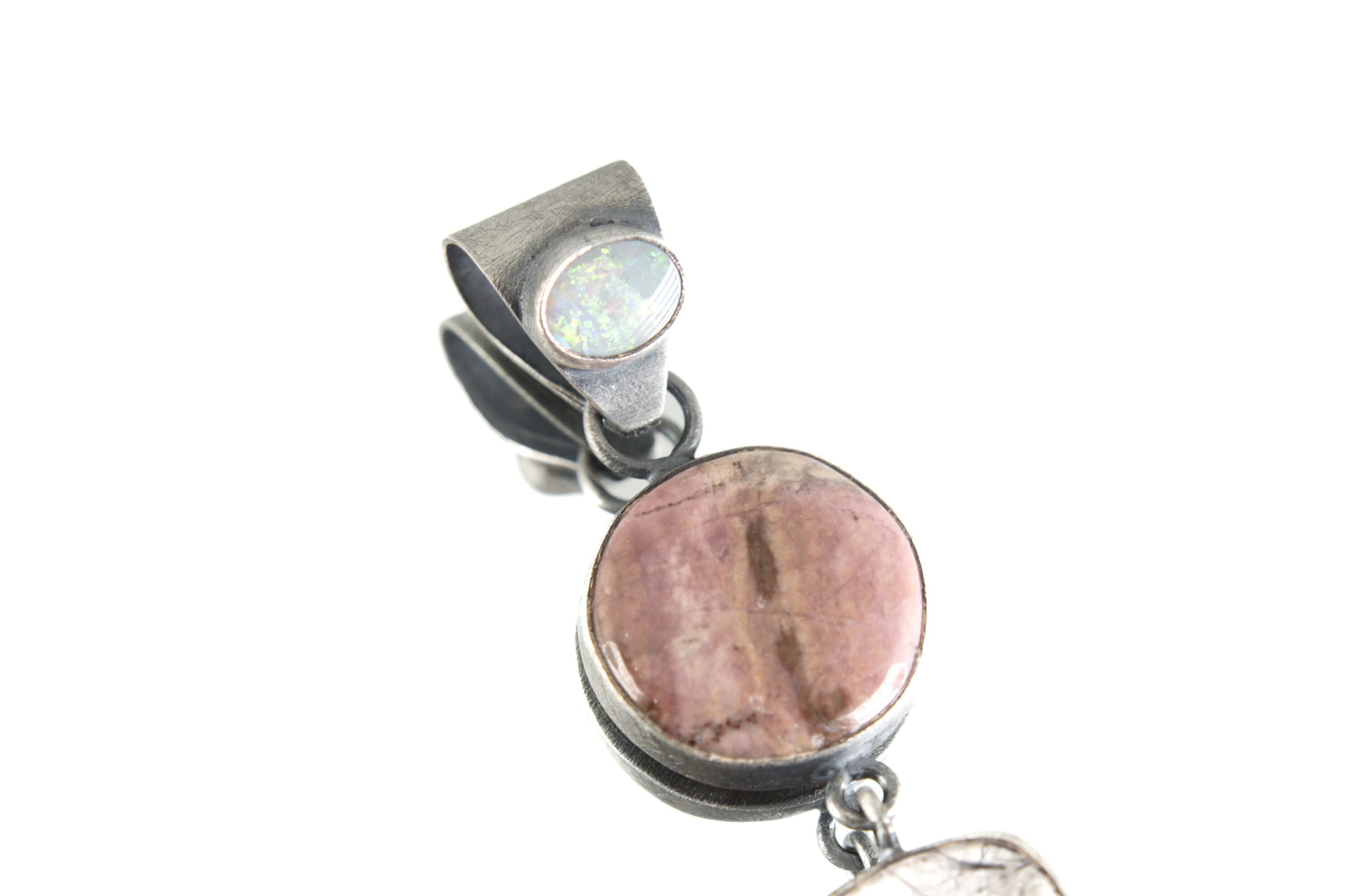 Tri Element: Opal, Rhodochrosite & Rutile Quartz - Sterling Silver Pendant - Oxidized Finish and Brush Texture