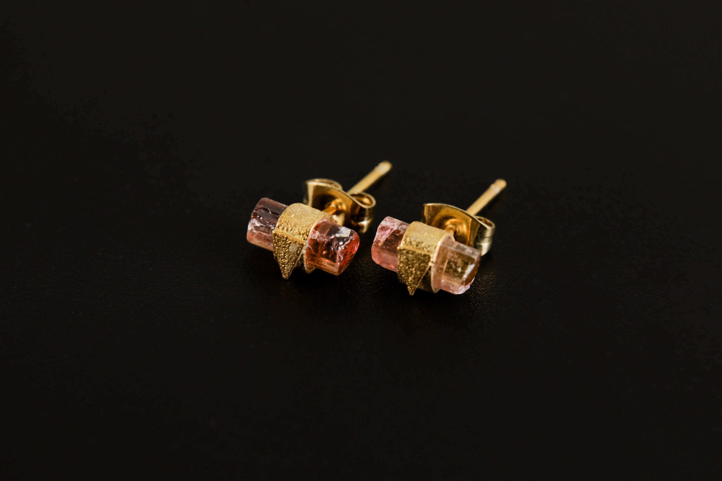 Blush Vertex Tourmaline Earstud - With Pink Tourmaline- Sterling Silver with Gold Plated- Sand Textured