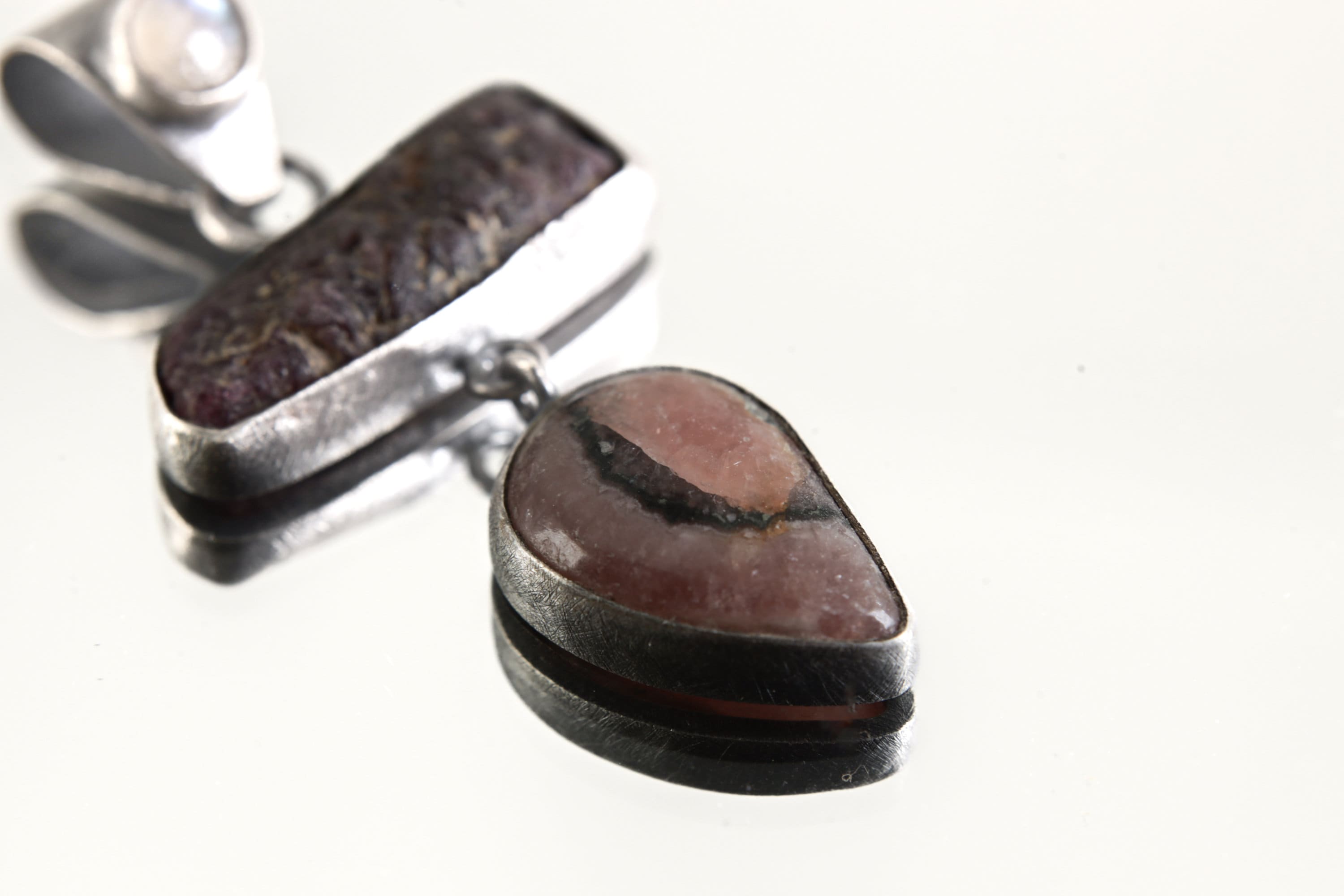 Lunar Ruby Embrace: Moonstone,Raw Ruby,Rhodochrosite - Sterling Silver Pendant - Brush Textured & Oxidized