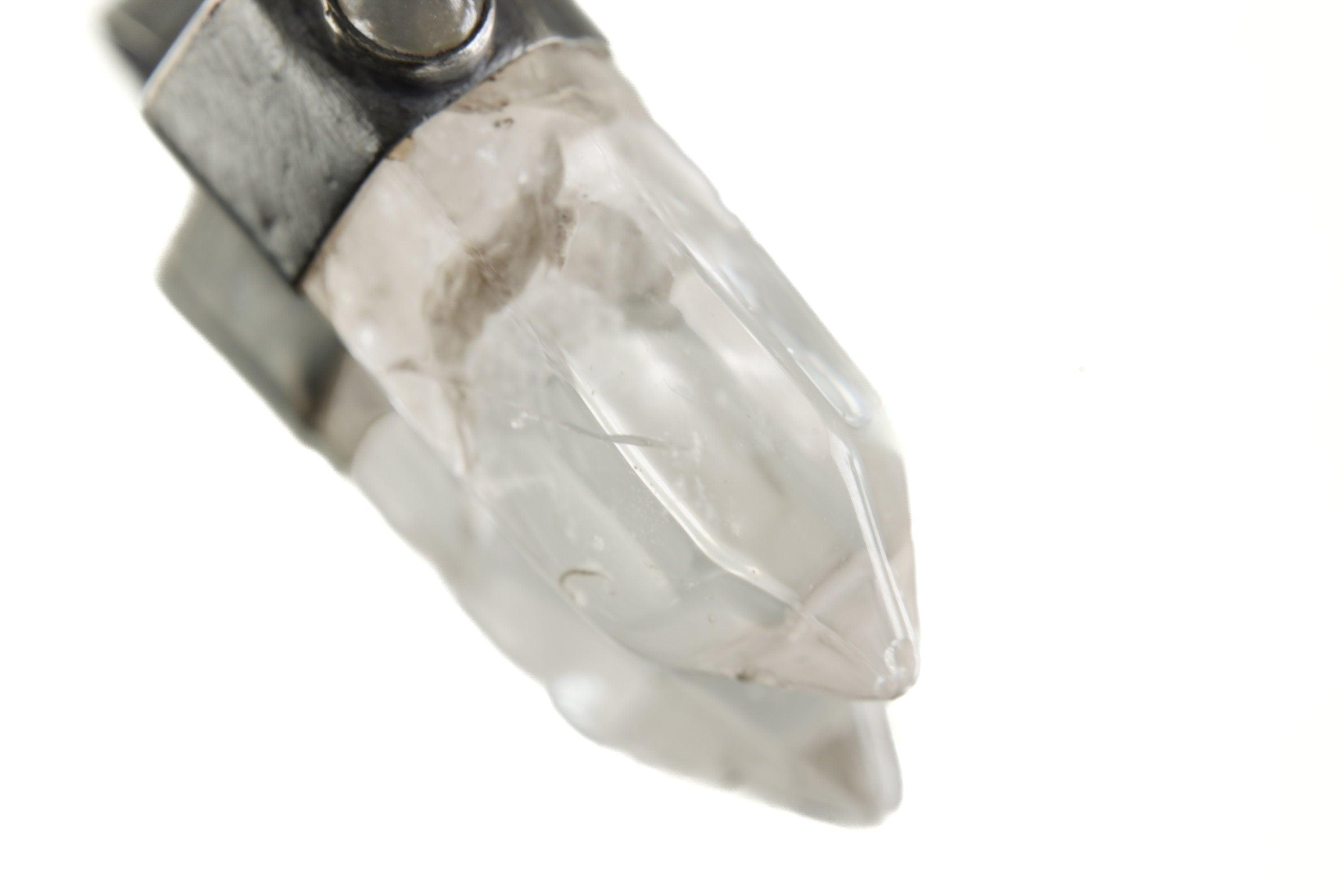 Celestial Harmony: Herkimer Diamond. Blue Moonstone, Polished Clear Quartz Generator Point - Silver Pendant - Texture - Oxidized -NO/02