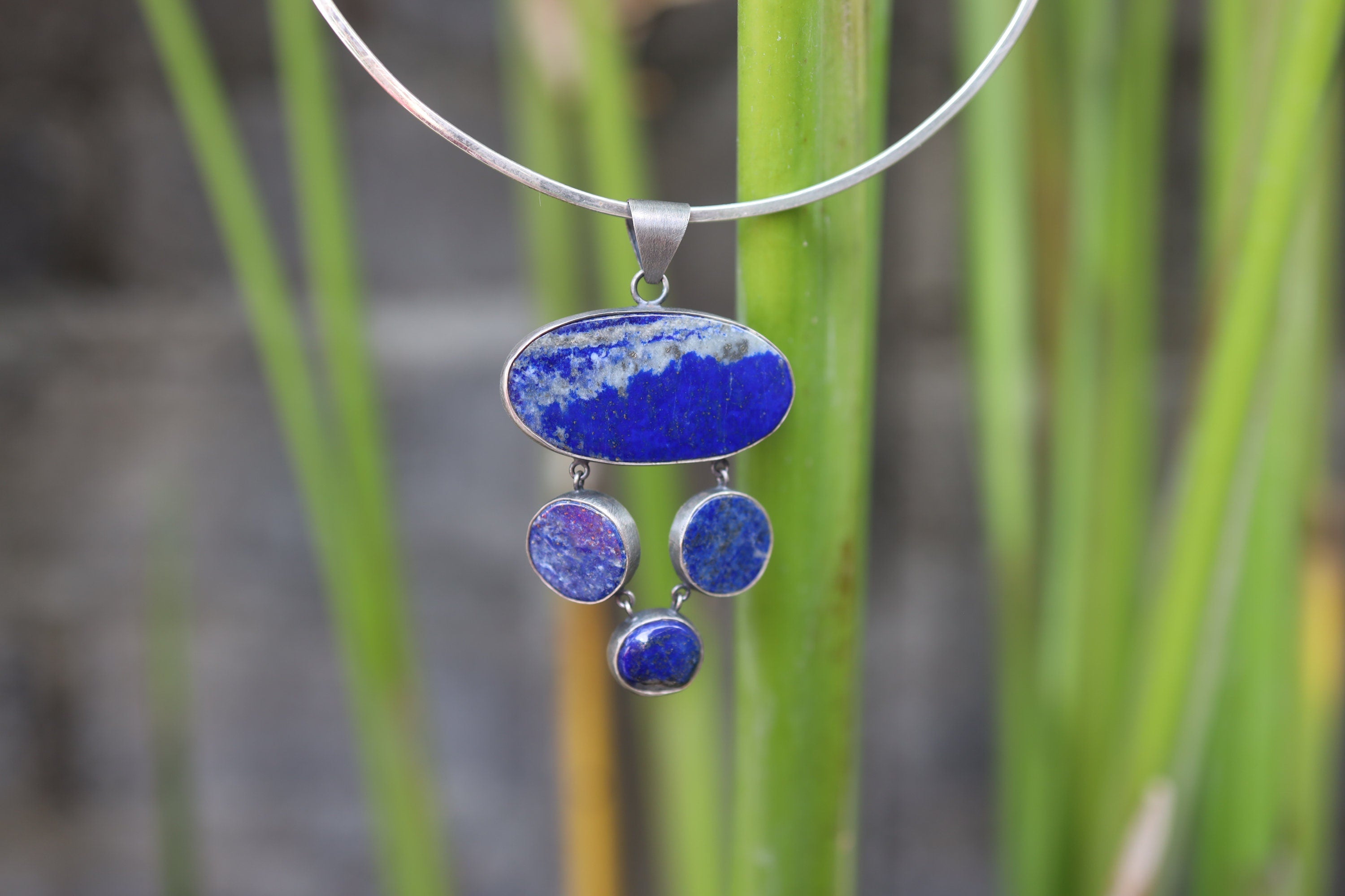 Quartet of Illumination - Old Cut Oval Lapis Lazuli Cabochon with Pyrite - Oxidized & Brush Textured - Sterling Silver Dangle Pendant