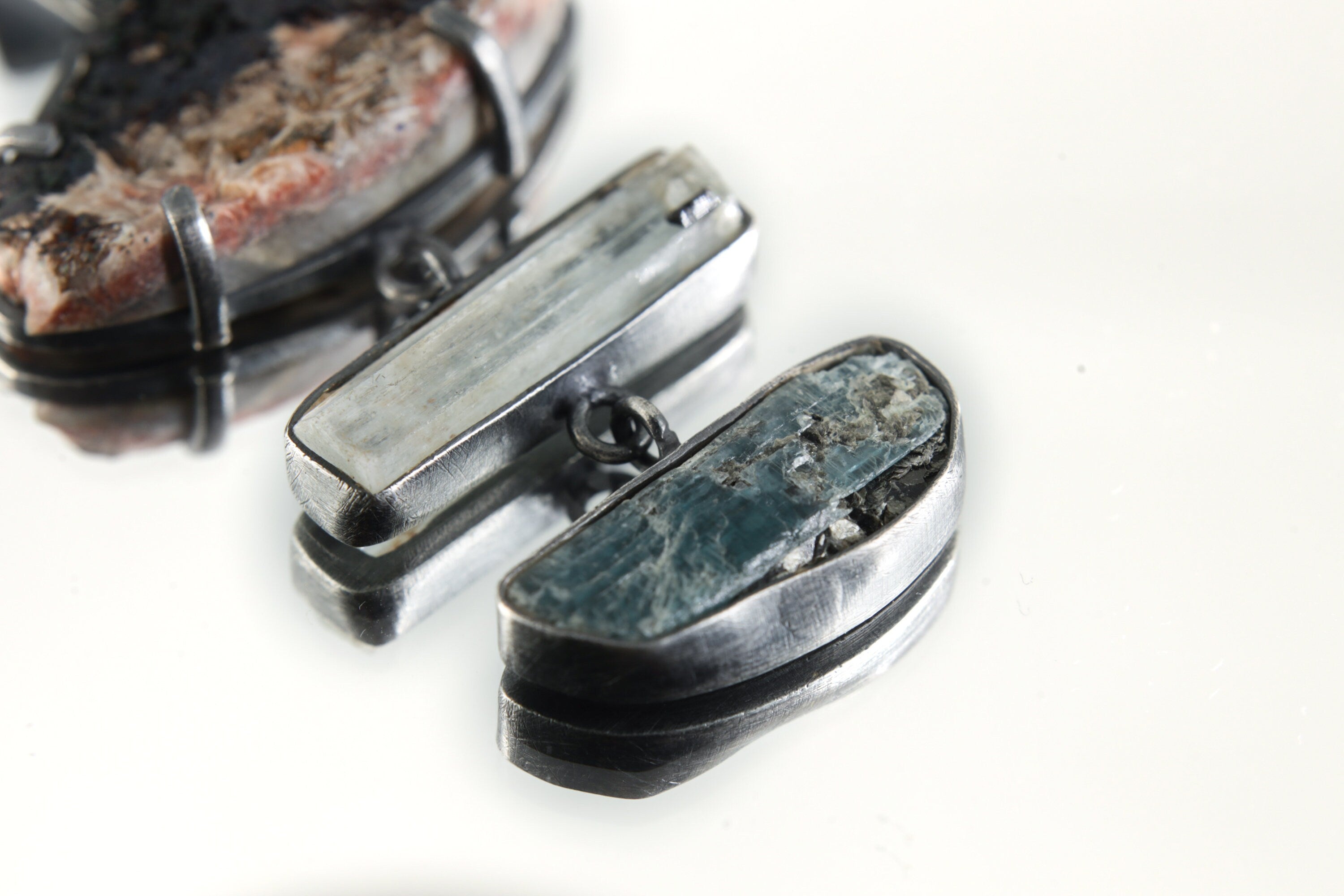 Azure Harmony : All Australian Raw Azurite, Natural Gem Aquamarine & Ocea Kyanite - Sterling Silver Oxidized Finish Pendant