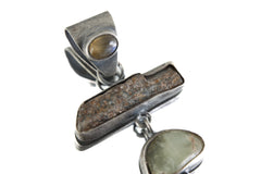 Earth Essence Labradorite & Gemstone Pendant: Aquamarine,Chrysocolla,Rhodocrosite- Sterling Silver - Brush Textured, Oxidized