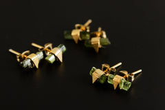 Verdant Vertex Tourmaline Earstud - With Green Tourmaline- Sterling Silver with Gold Plated- Sand Textured