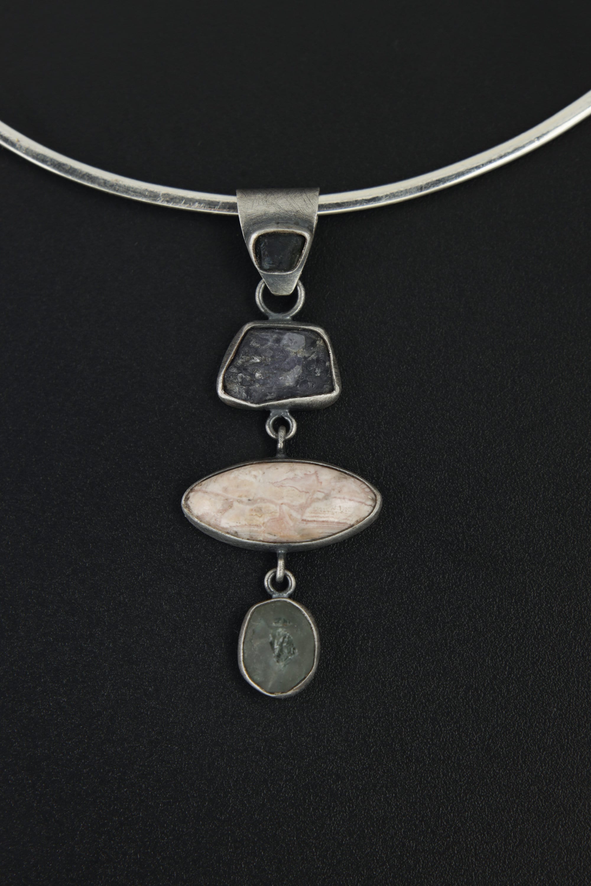 The mystical triad of Sapphire Essence Pendant: Tanzanite, Rhodochrosite, & Aquamarine - Silver Pendant - Oxidized and Brush Texture