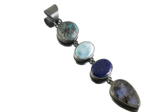 Azure Mosaic - Four Stone into One Harmony - Sterling Silver Pendant - Oxidized Finish and Brush Texture