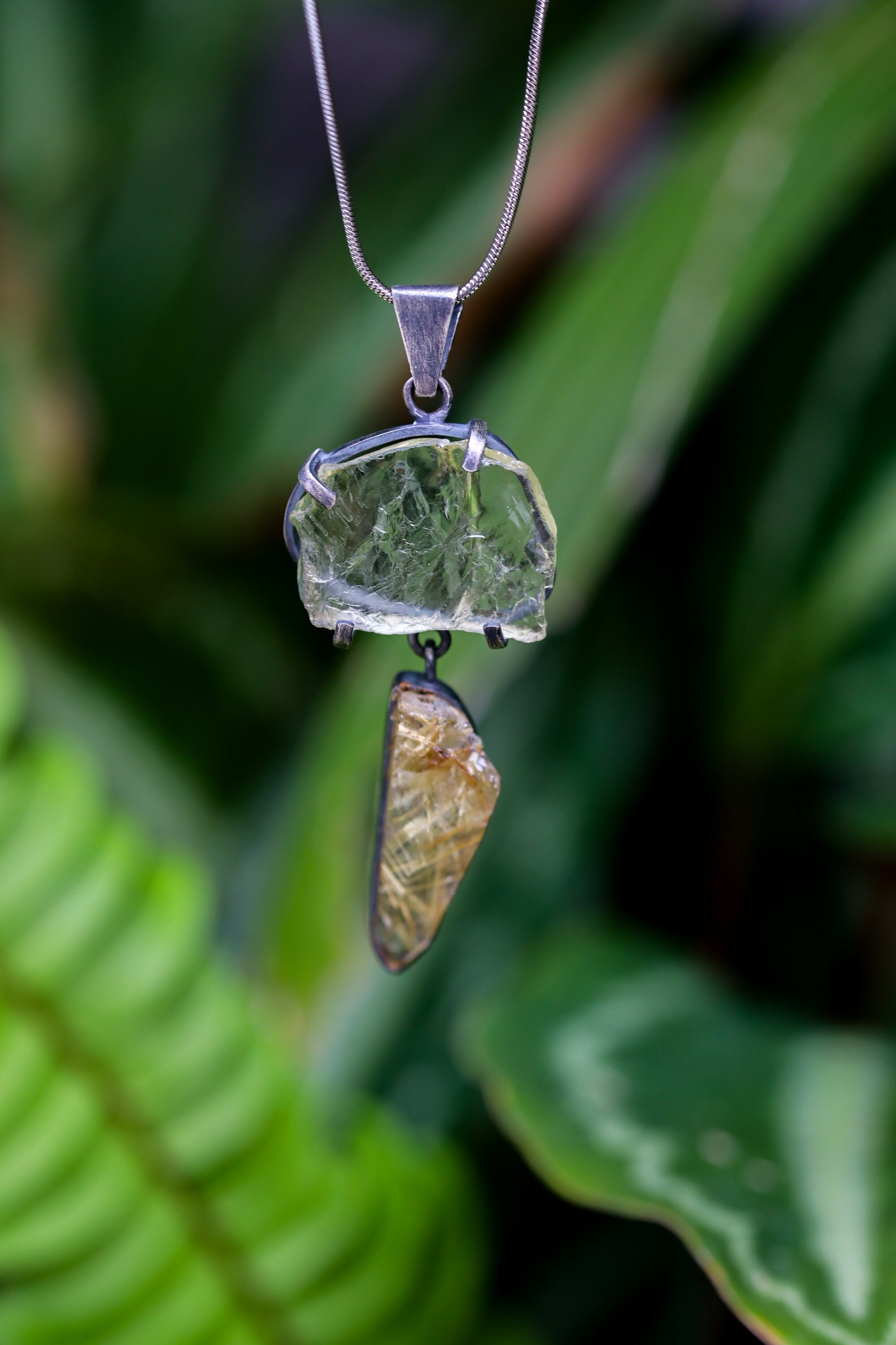 Raw Claw set Aquamarine with a freeform Gold Triangle Rutile Quartz - Sterling Silver dangle Crystal Pendant - Brush Textured & Oxidized