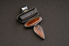 Guardian Spectrum: Raw Black Tourmaline & Faceted Red Kyanite - Sterling Silver Pendant - Brush Texture - Oxidized Finish