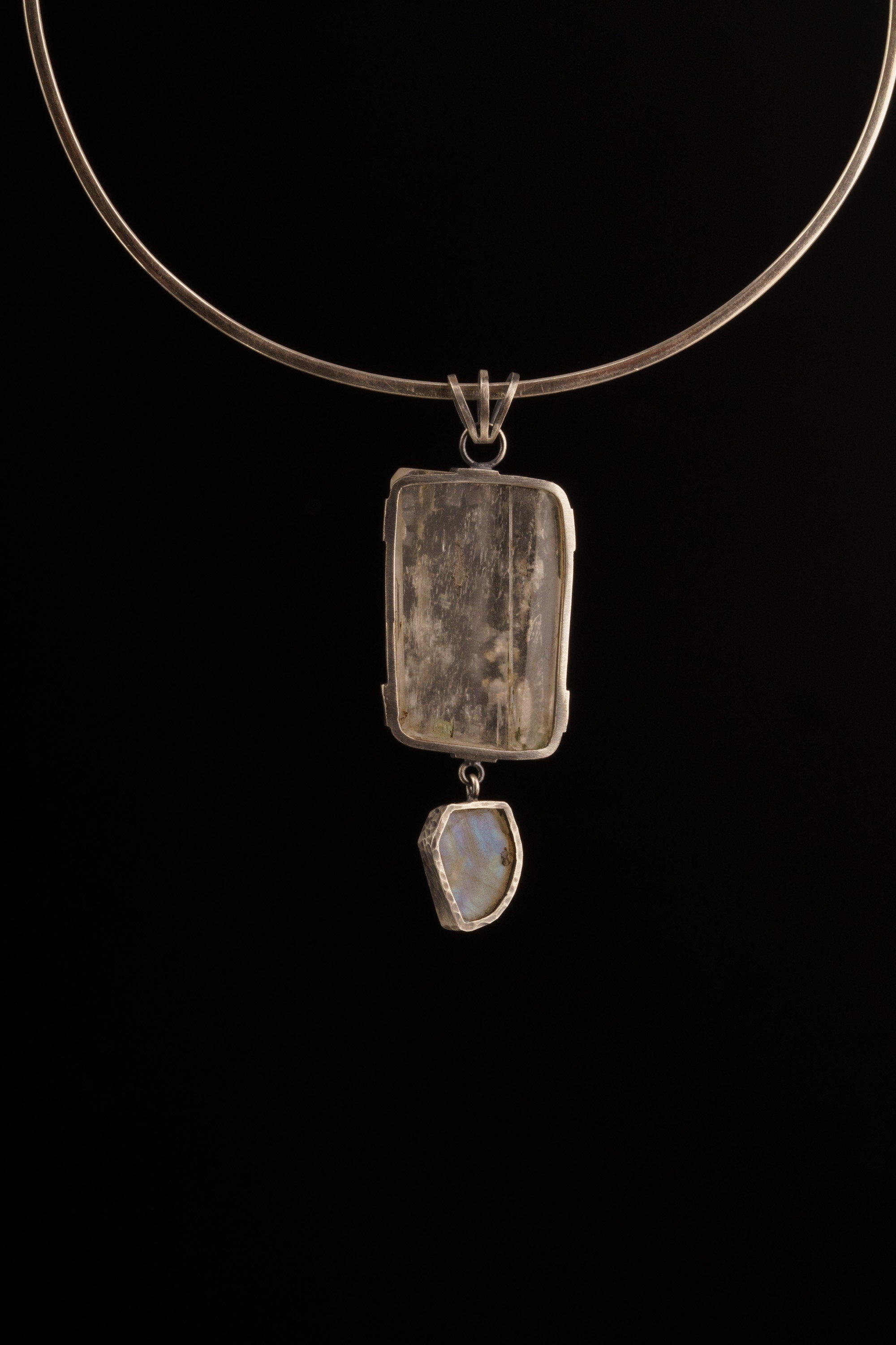 Celestial Kunzite Beacon:Clear Kunzite and Raw Blue Moonstone - Oxidised Hammered Sterling Silver - Claw Set Pendant