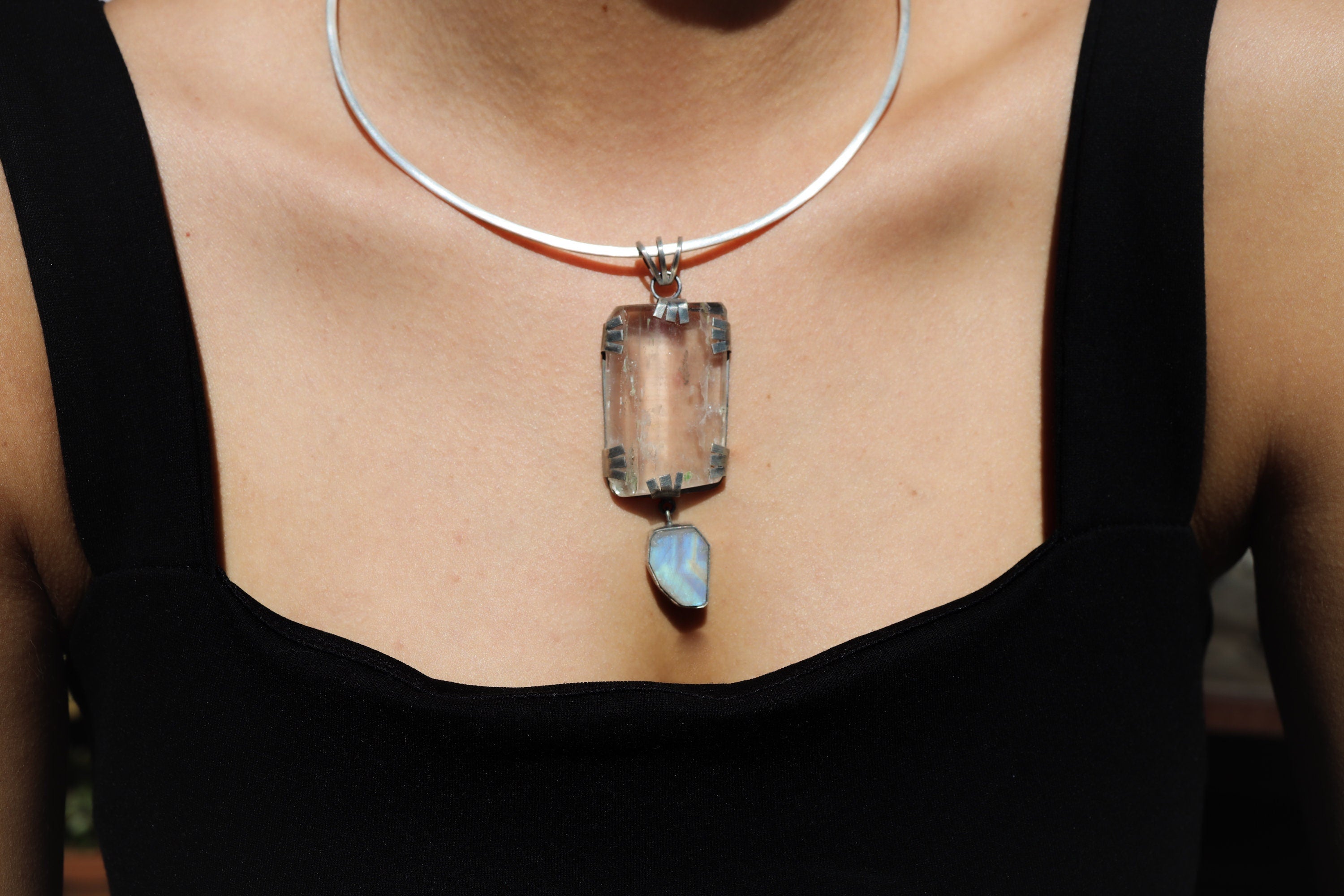 Celestial Kunzite Beacon:Clear Kunzite and Raw Blue Moonstone - Oxidised Hammered Sterling Silver - Claw Set Pendant