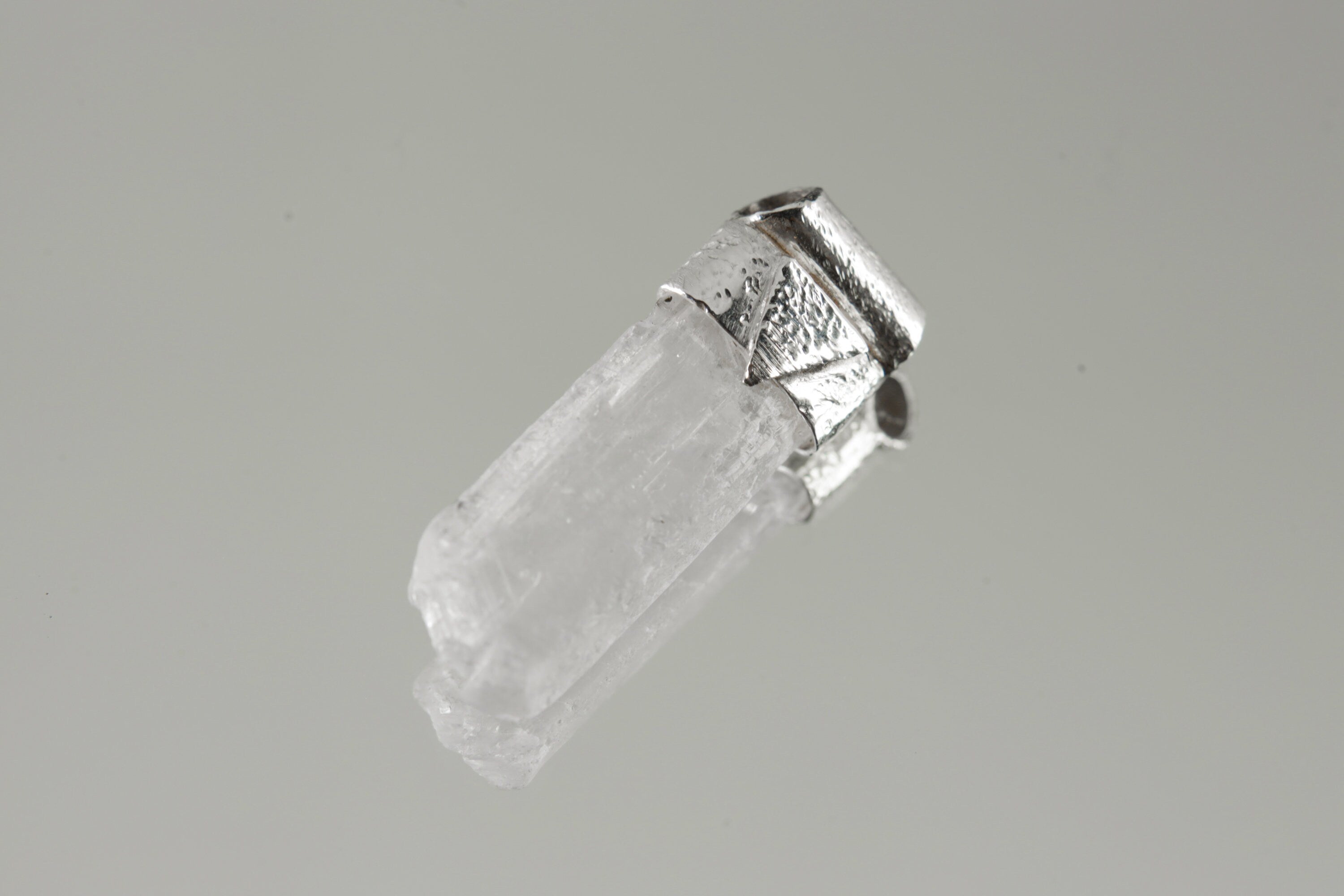 Clear Terminated Optical Selenite - Stack Pendant - Organic Textured 925 Sterling Silver - Crystal Necklace
