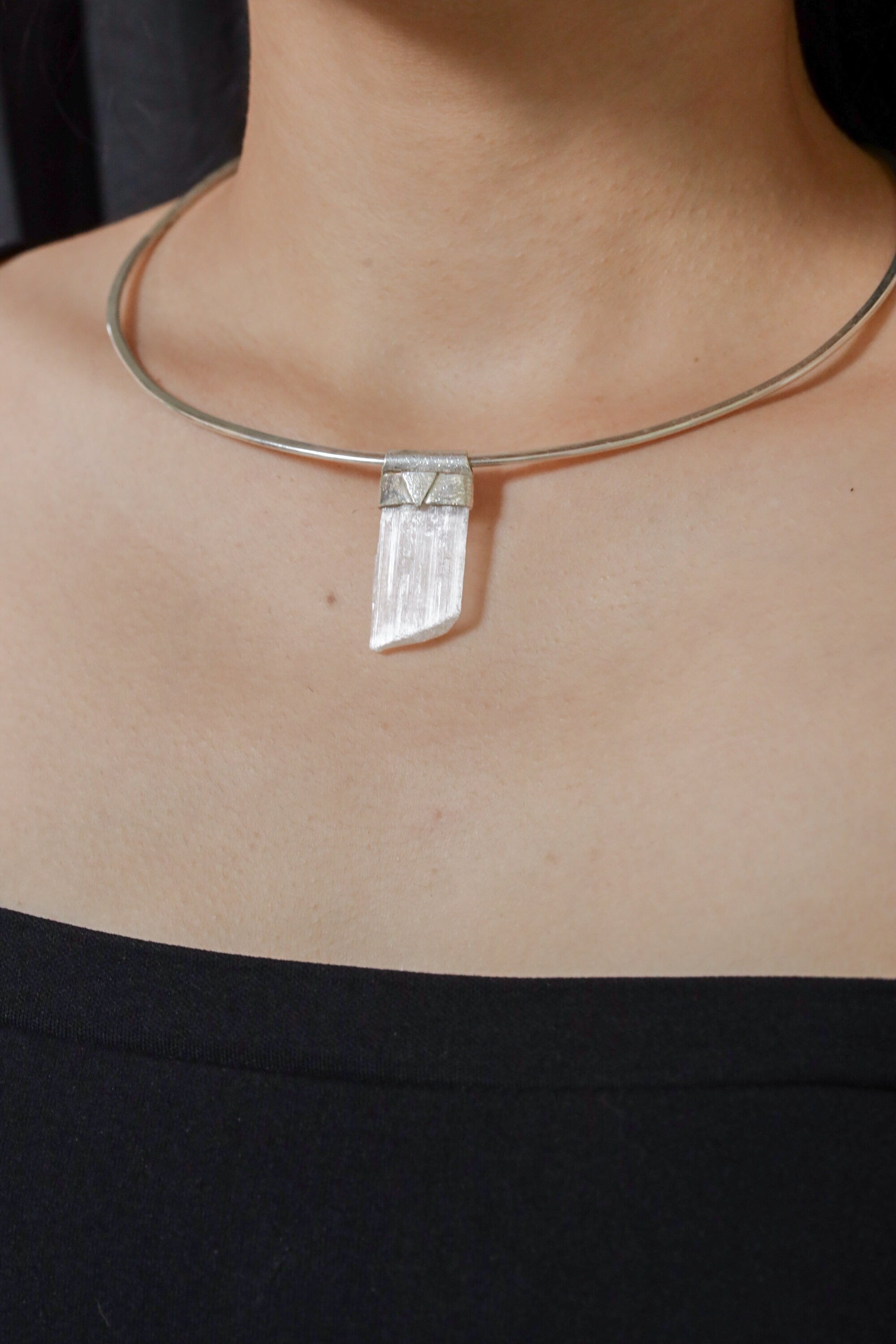 Translucent Selenite Slice- Stack Pendant - Organic Textured 925 Sterling Silver - Crystal Necklace