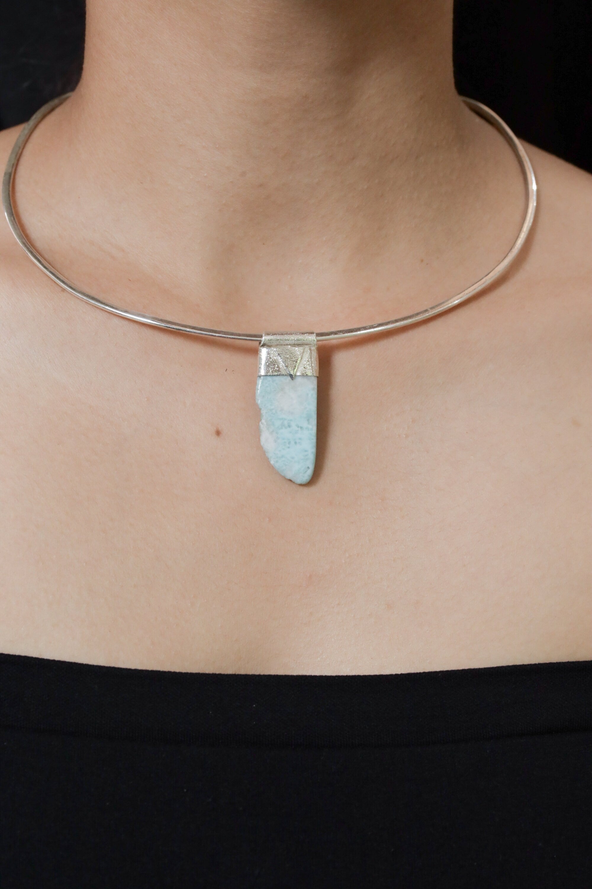Free Form Larimar - Stack Pendant - Organic Textured 925 Sterling Silver - Crystal Necklace - No/02
