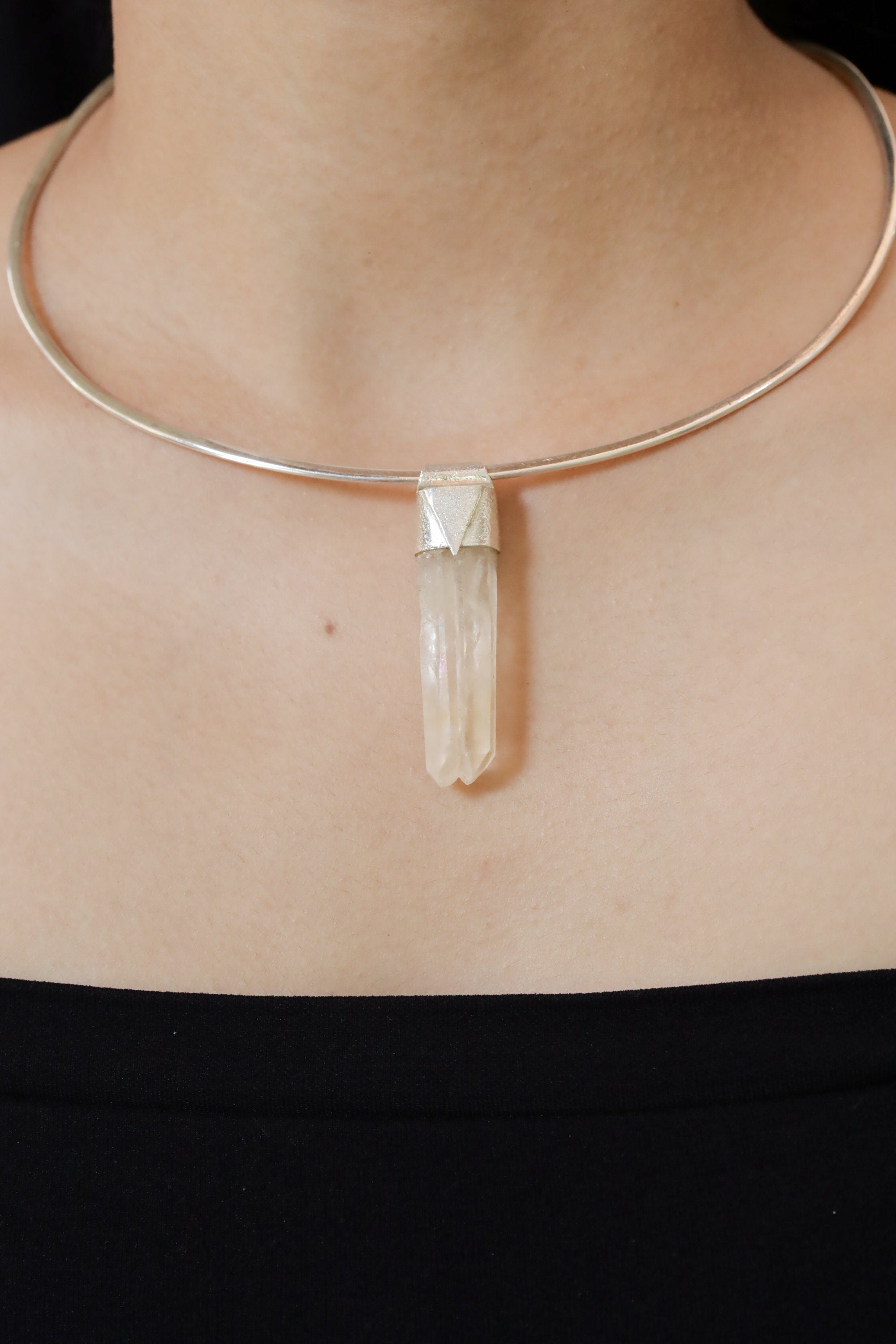 Australian Rainbow Inclusion Twin Clear Quartz Point - Stack Pendant - Organic Textured 925 Sterling Silver - Crystal Necklace