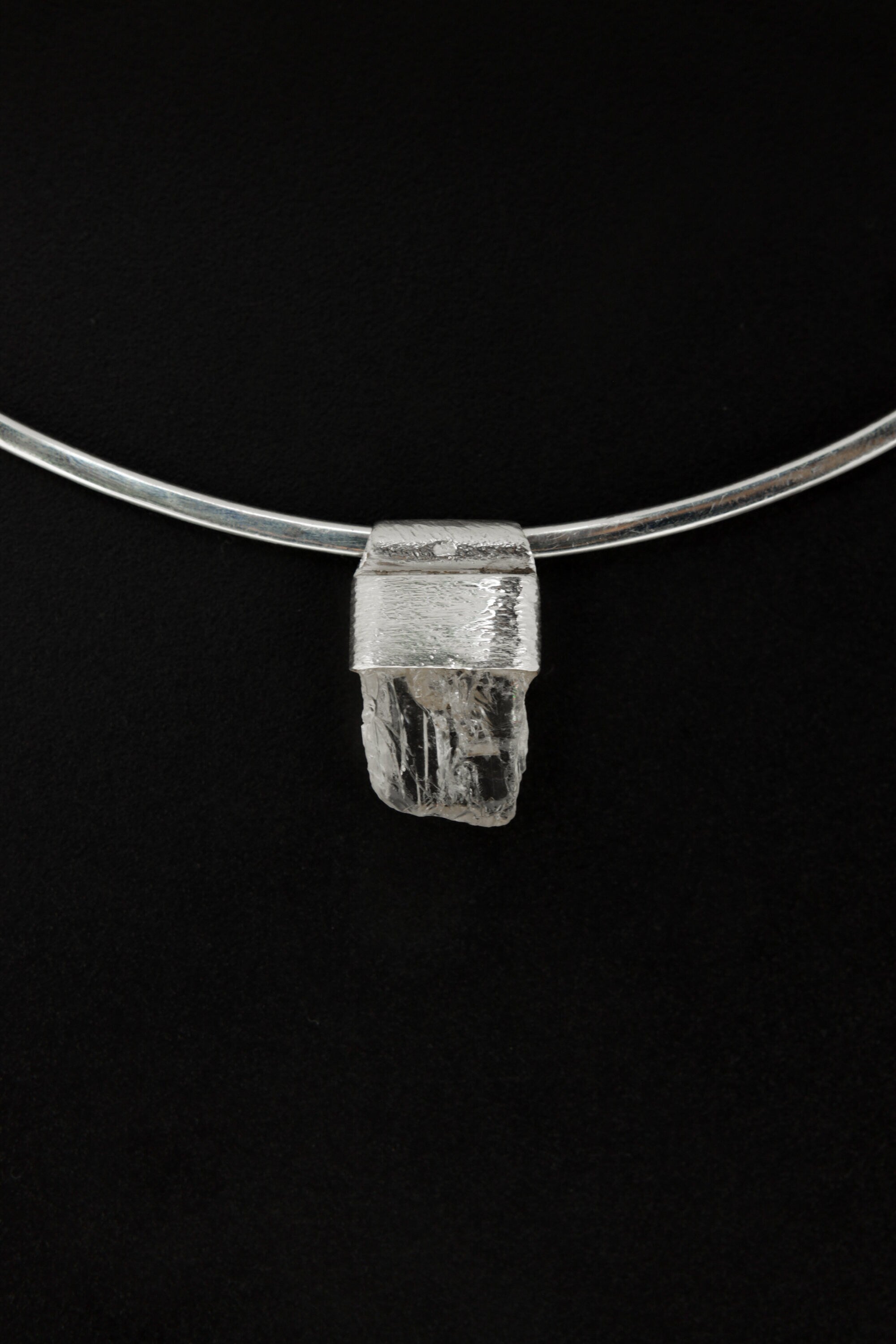 Small Clear Raw Rainbow Inclusion Spodumene - Stack Pendant - Organic Textured 925 Sterling Silver - Crystal Necklace