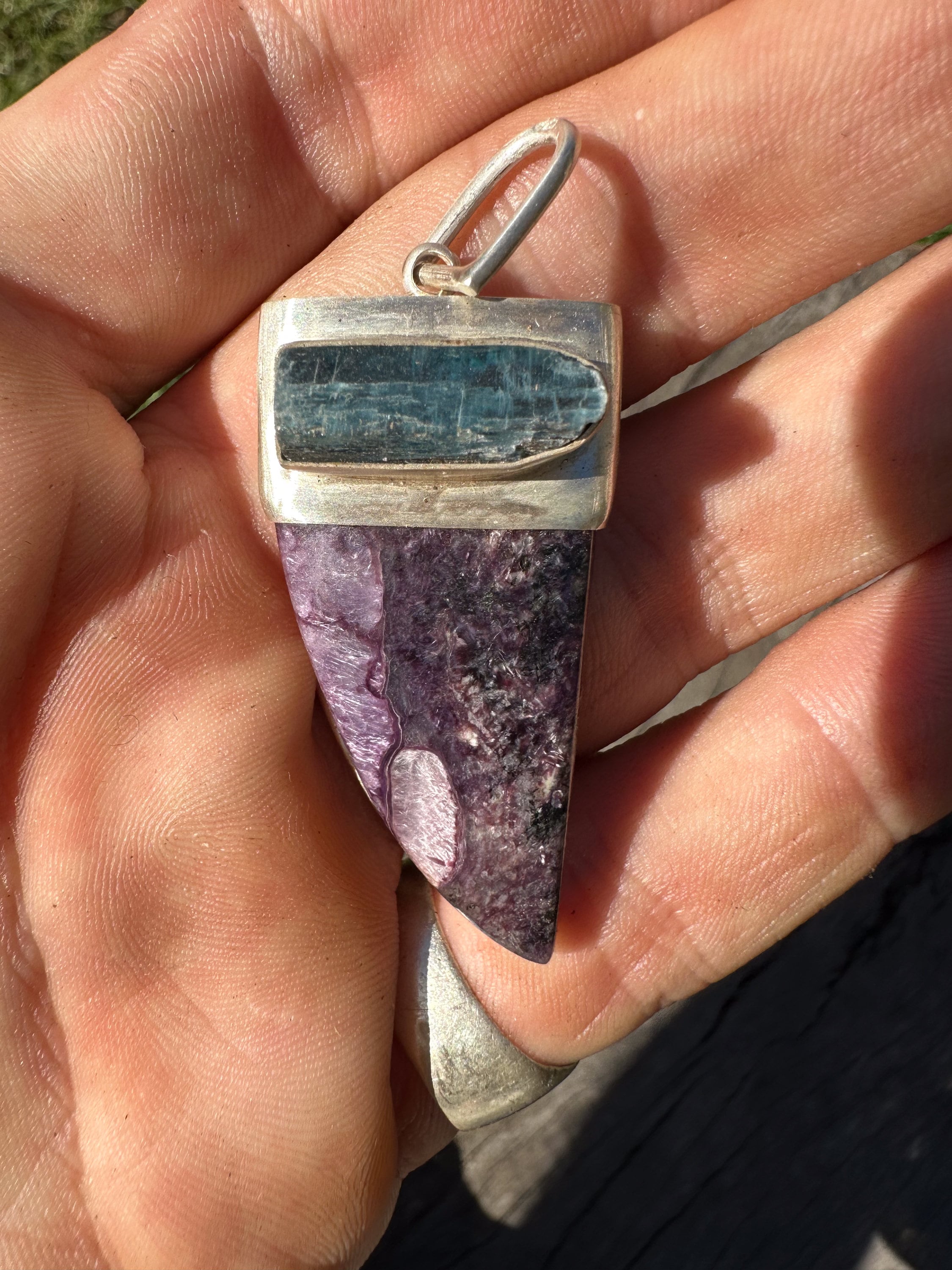 OLD Deep Blue Wisdom With AAA-grade Charoite tooth - Sterling Silver - Matt Brushed Sterling Silver - Crystal Pendant Neckpiece