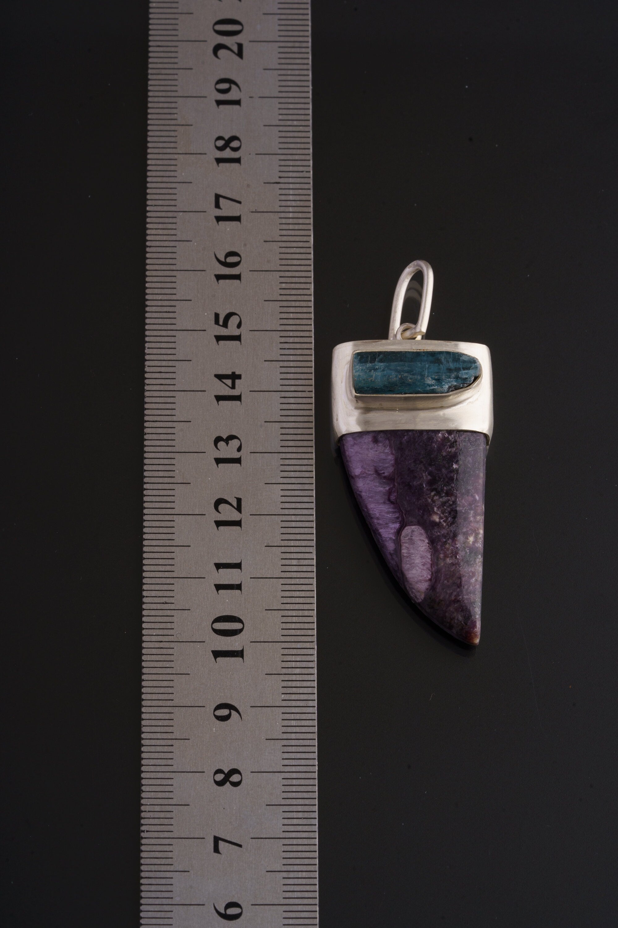 OLD Deep Blue Wisdom With AAA-grade Charoite tooth - Sterling Silver - Matt Brushed Sterling Silver - Crystal Pendant Neckpiece
