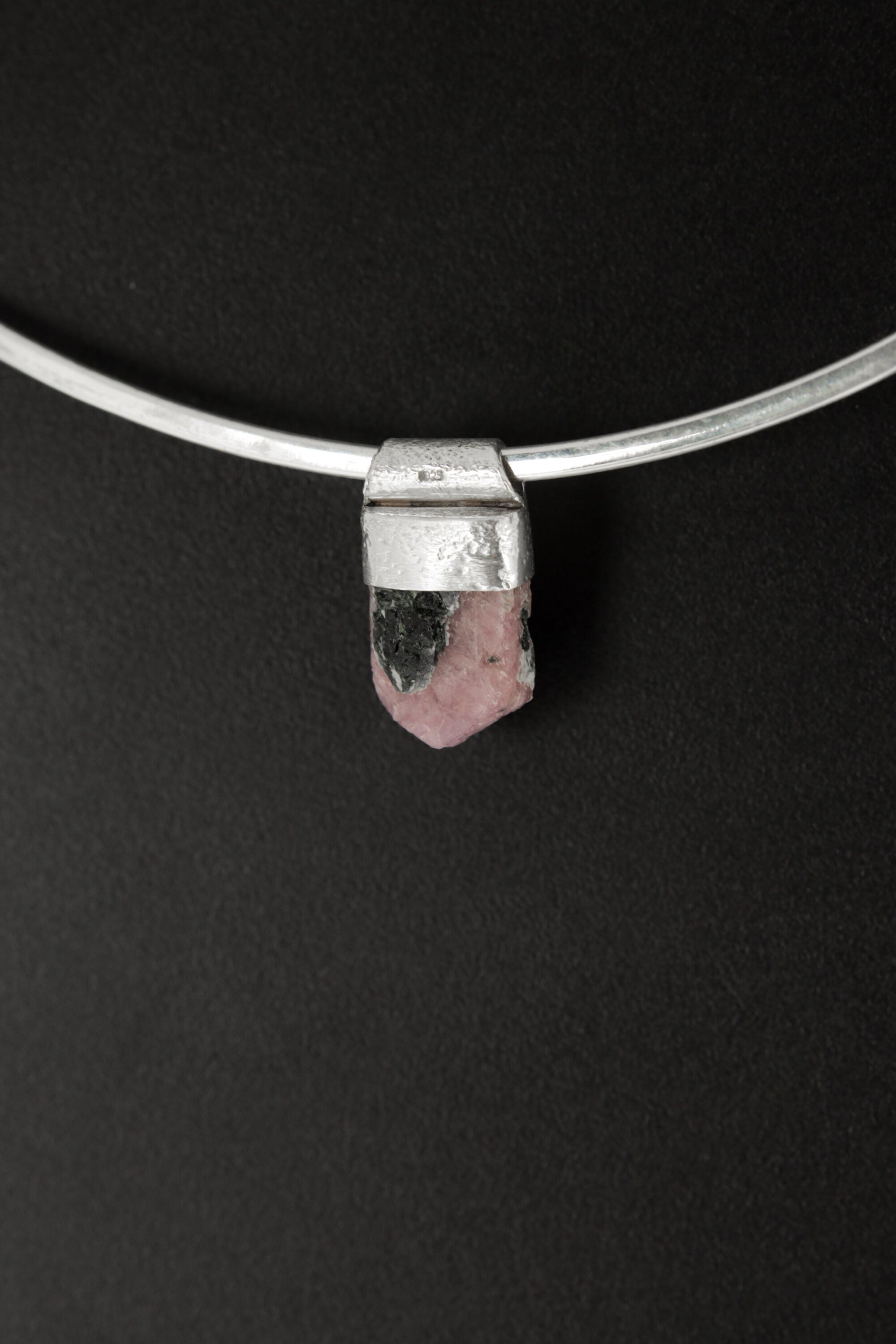 Hexagonal Raw Gem Ruby with Black Mica - Stack Pendant - Organic Textured 925 Sterling Silver - Crystal Necklace
