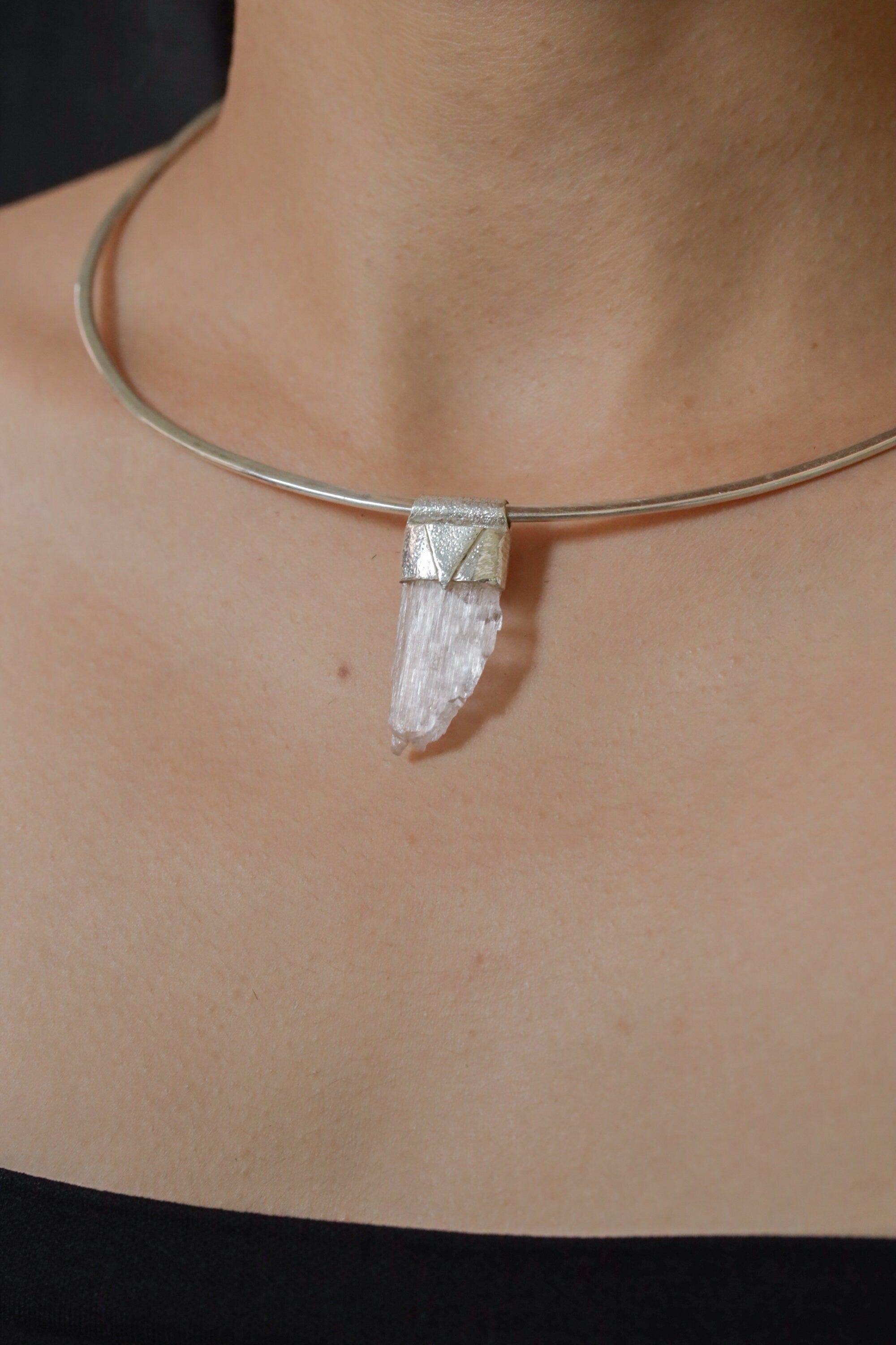 Clear Light Pink Kunzite / Spodumene Specimen - Stack Pendant - Organic Textured 925 Sterling Silver - Crystal Necklace